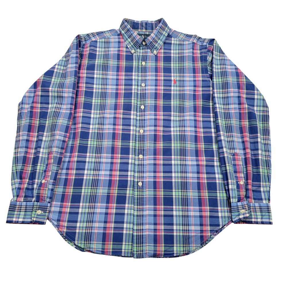 Men's Polo Ralph Lauren Plaid Button Down Shirt, Blue/Pink/Green, Large Classic